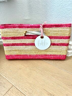 BTB Los Angeles Straw Clutch with Hot Pink Stripes